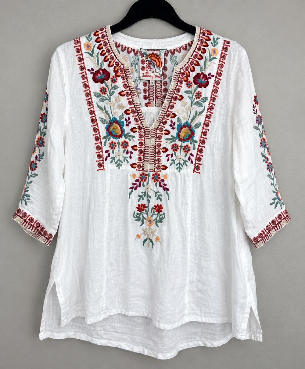 Johnny Was White Linen Floral Embroidered Tunic Top Size S Boho 3/4 Sleeve